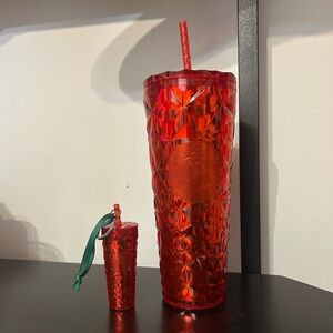 starbucks red tumbler and keychain/ornament matching set